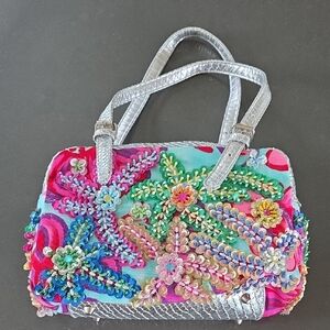 Source Unknown Multicolor Floral Sequin Shoulder Bag with Silver Handles